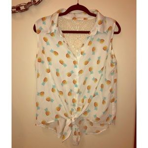Pineapple Print Sheer Sleeveless Tie Front Blouse